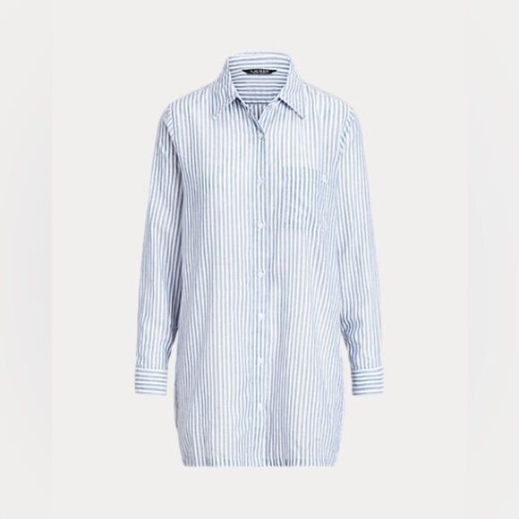 LAUREN Ralph Camp Shirt swim cover up Striped Cotton Button Down Top Blue MD - Picture 8 of 14